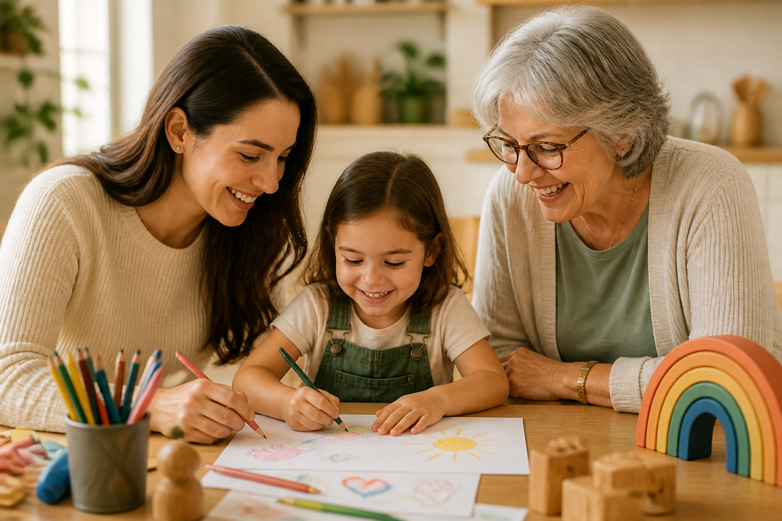 Mother, child and grandmother drawing together
